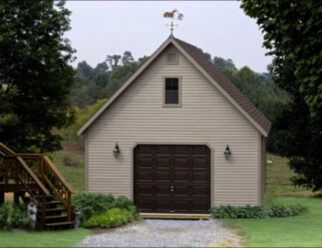 Two Story Beige Vinyl Backyard Barn With Single Door Garage