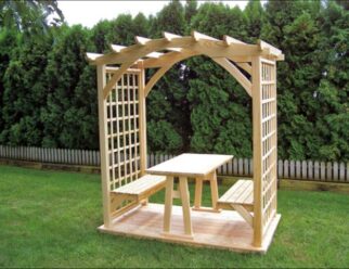 ARB14 Twilight 67” Rainbow Top Arbor Shown with Optional Deck, 2 Benches and Table 42” Deep ~ 77” Wide