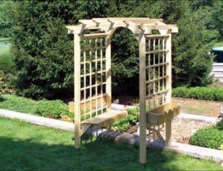 ARB15 Starburst 48” Round Top Arbor Shown with Optional Arbor Bench and Flower Boxes 42” Deep ~ 54” Wide