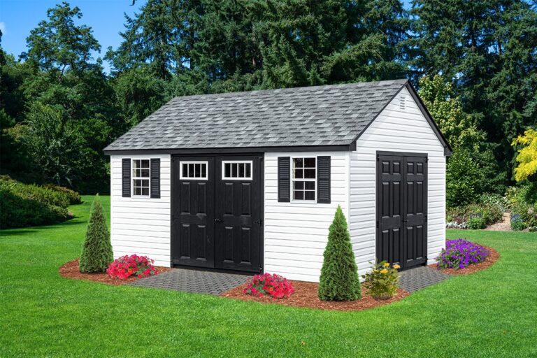 Picture of a vinyl shed with a small garden around it