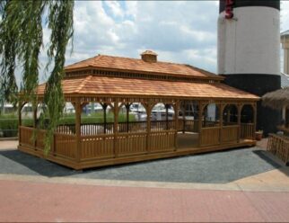 16’ x 32’ Rectangle Wooden Gazebo Shown with Dutch Style, Cupola, Pagoda Roof, Cedar Stain, Cedar Shake Shingles