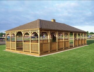 20’ x 40’ Rectangle Wooden Gazebo Shown with Dutch Style, Cupola, Golden Oak Stain, Asphalt Shingles