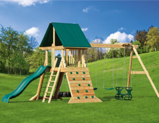 Olympus 11’x25’ Playset with 4x6 Platform with Tire Swing, Ladder, Hand Grips, 5' Rock Wall, Tarp Roof, 10' Wonder Wave Slide, 2-Position Space Saver Swing Beam, Two Belt Swings, Seat, & (4) Anchors