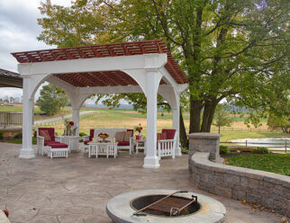 10' x 14' White Vinyl Santa Fe Style Amish Pergola With Wood Stained Roof In Backyard