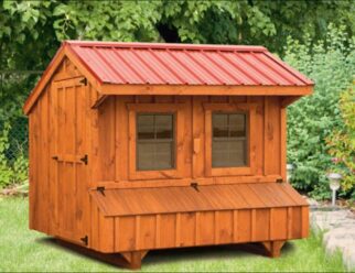 Stained wood Amish-built 5'x8' Chicken coop with red metal overhead roof and two windows