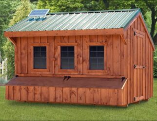 Dyed wood 7'x12' Amish Chicken Coop with three windows, green metal overhead roof with solar panel.