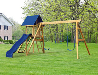 Ranger 18'x15' Playset with Deluxe Slide Attachment Platform, Hand Rail, 3-position 8’ High Swing Frame, Tarp Roof, 10’ Wonder Wave Slide, Cargo Net, Two Belt Swings, Trapeze, & (6) Anchors