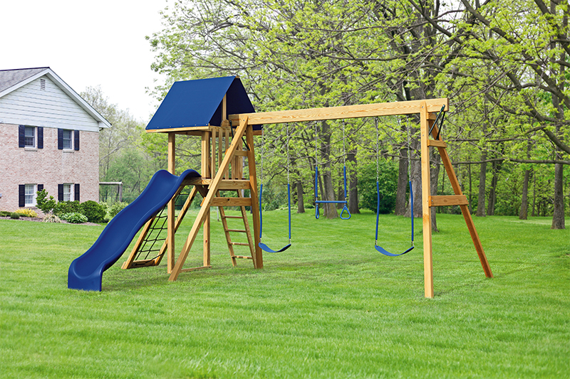 Ranger 18'x15' Playset with Deluxe Slide Attachment Platform, Hand Rail, 3-position 8’ High Swing Frame, Tarp Roof, 10’ Wonder Wave Slide, Cargo Net, Two Belt Swings, Trapeze, & (6) Anchors