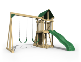 Ridge 11'x13' Playset with 40"x40"x4" Platform Tower, Tarp Roof, 8' Wave Slide, Rock Wall, Step Ladder, 40"x40" Sandbox, 2-Position 7' High Swing Beam, 2 Belt Swings, & (6) Anchors -- Comes in Canyon Brown Stain or Unstained