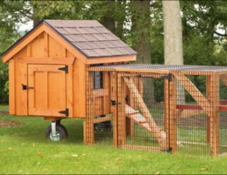 Natural wood 3'x3' Amish A-Frame chicken coop with wheels and built in cage.