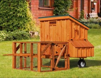 Stained wood 3'x5' Lean-To Amish Chicken Coop with green metal roof, and built in cage