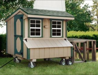 Painted beige wood 4'x6' Amish Chicken Coop with green shingled overhead roof, two windows, built in cage, and green trim accents.