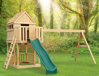 Tree House 20'x16' Playset with 5x8 Tower with Tree House, Step Ladder, Hand Rail, 5x7 Sandbox with Sandbox Railing, 10’ Wonder Wave Slide, Telescope, 3-Position 7’ A-frame Swing Beam, Two Belt Swings, Trapeze, & (6) Anchors