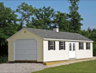 7’ Wall Cape Garage With Yellow Vinyl Siding And White Garage Door