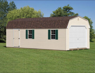 Tan Vinyl Dutch Barn Garage With White Garage Door