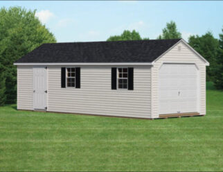 Cape Style Detached Garage With White Vinyl Siding and Black Shingled Roof