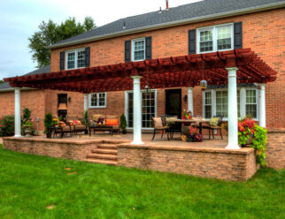 16’ x 32’ Artisan-Style Wood Amish Pergola With 10” Round Columns & Canyon Brown Stain