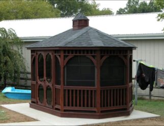 10’ x 14’ Wood Oval Gazebo Shown with Cupola, Mahogany Stain, Vinylite Windows, Double Door