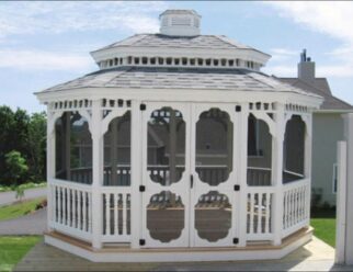 10’ x 14’ Wood Oval Gazebo Shown with New England Style, Cupola, Pagoda Roof, Screen Package, Double Door, Painted White, Asphalt Shingles