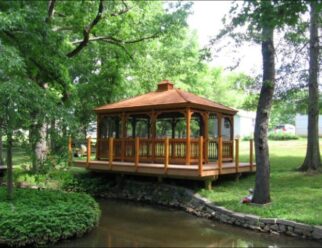 12’ x 16’ Wood Rectangle Gazebo Shown in New England Style, Cupola, No Floor, Screen Package, Cedar Stain, Cedar Shake Shingles