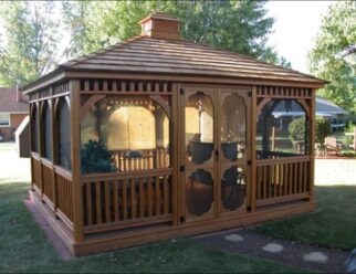 12’ x 16’ Wood Rectangle Gazebo Shown in Dutch Style, Cupola, Screens, Cedar Stain, Cedar Shake Shingles