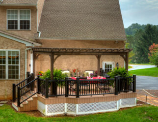 12’ x 16’ Traditional Wood Pergola With Cinder Stain On Backyard Deck