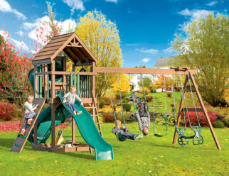 Challenger 22'x19' Playset (AKA 5x5 Challenger) with 5x5 Tower, Step Ladder, Hand Rail, 5x5 Sandbox, Wood Roof, Green Poly Slats, Captain’s Wheel, Rock Wall, 7’ Tornado Tube Slide, 10’ Wonder Wave Slide, 4-Position 8’ high Swing Beam, Two Belt Swings, Trapeze, Plastic Glider, & (6) Anchors