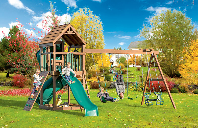 Challenger 22'x19' Playset (AKA 5x5 Challenger) with 5x5 Tower, Step Ladder, Hand Rail, 5x5 Sandbox, Wood Roof, Green Poly Slats, Captain’s Wheel, Rock Wall, 7’ Tornado Tube Slide, 10’ Wonder Wave Slide, 4-Position 8’ high Swing Beam, Two Belt Swings, Trapeze, Plastic Glider, & (6) Anchors