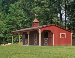 Red Wood Shed Row Three Stall Horse Barn With Weathervane On Roof And 8 Foot Lean To