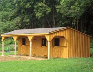 Wood Three Stall Shed Row Horse Barn with 8’ Lean-To
