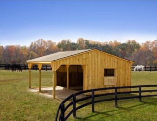 Natural Wood Run-In Horse Barn with 10’ Lean-To