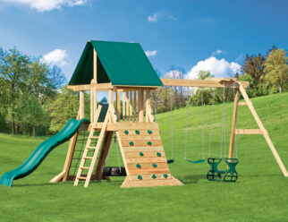 Olympus 21’x15’ Playset with 4x6 Platform with Tire Swing, Ladder, Hand Grips, 5' Rock Wall, Tarp Roof, 10' Wonder Wave Slide, 3-Position 8’ High Swing Beam, Two Belt Swings, 1 Plastic Glider, & (6) Anchors