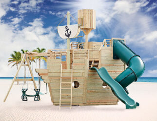 Voyager 28’x14’ Playset with Crow’s Nest, 7’ Turbo Tube Slide, 10’ Wonder Wave Slide, Hand Rail, Firemen’s Pole, Captain’s Wheel, 3-Position 8’ High Swing Beam, Two Belt Swings, Plastic Glider, & (2) Anchors