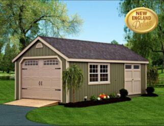 Green Wooden Detached Garage Door With Beige Garage Doors