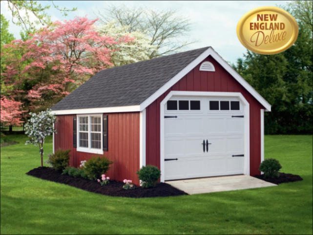 Red Deluxe One Car Classic Garage With White Garage Door