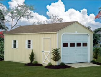 Wood Beige A Frame Detached Garage With White Garage Door