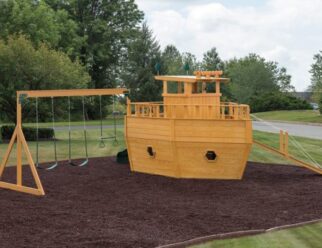 Model 100 - Tug Boat 8'x12'6"x9'6", 120 sq. ft. Play Deck, Ground Level Floor, 4' Deck, 5' Deck, Piolot House 45" Ceiling, 8' High Swing Beam, Entry Ladder, Ramp, 10' Wave Slide, 3-Position Swing Beam, 2 Belt Swings, 1 Trapeze, Bell, Wood Ladder, 3' Height Between Decks