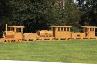 Model 1000 - 6 Piece Train Set, Each Piece is About 6'8"x4'6"x5'6", Need Open Area of 4'x40'x6', Comes with Tracks, Bell, Steering Wheel, Bech Seats inside Engine, Coal Car, Passenger Car, Dining Car, and Caboose, Natural Honey Stain