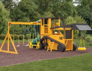 Model 1200 - Bulldozer 6'x18'x10' Playset with 52 sq. ft. of Play Deck, Ground Level Deck, 5' High Deck, Tire Swing, Turbo Tube Slide, 10' Wave SLide, Seat with Control Levers, 3-Position Swing Beam, Double Glider, 2 Belt Swings, Entry Ladders, and Smoke Stack