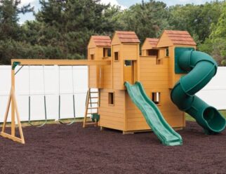 Model 1400 - Stockade 8'x10'x12' Playset with 114 sq. ft. Play Deck, 6'x8' Ground Level Deck, 8'x10'x5' Play Deck, Entry Ladder, 10' Wave Slide, Turbo Tube Slide, Inside Ladder, 3-Position Swing Beam, Baby Bucket, 2 Belt Swings, 48" Ceiling Height on First Floor