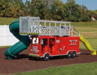 Model 1500 - Ladder Fire Truck 18'x4'x10' Playset with 99 sq. ft. Play Deck, Aerial and Platform 6' Deck Height, Entry Ladder on Rear, 10' Wave Slide, Bell, Fire Hats, Optional Water Feature, Steering WHeel, 4 Seats in Cab, Rock Wall, 4-Postion Swing Beam, 2 Belt Swings, Double Glider, and Trapeze Bar