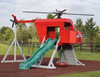 Model 1600 - Helicopter 10'x19'x11'6" Playset with 5' High Deck, 2 Belt Swings, Tire Swing, 2 Steering Wheels, 2 Seats, 10' Wave Slide, 5' Rock Wall, 5' Entry Ladder, Spotlight, Mesh Tarp Over Cockpit, 53" Clearance Inside, and Multi Color Stain