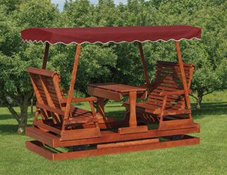 Amish-Built Wood 4-Person Keystone Glider With Maroon Canvas Top, and Wood Stained Rollback Seats & Tabletop