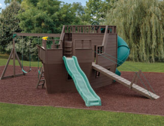 Model 300 - Pirate Ship 9'x18'6"x9'10" Playset with 186 sq. ft. of Floor Space, 4', 5', and 7' High Decks, 3-Position Swing Beam, 2 Belt Swings, Trapeze, 10' Wave Slide, Turbo Tube, 4' Entry Ladder, 10' Gang Blank, 2 Inside Ladders, 24" Wide and 47" High Door in Back, and Ship's Wheel