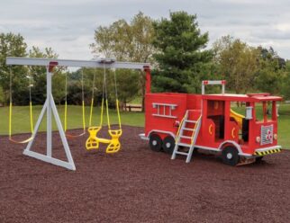 Model 500 - Fire Truck 4'x12'x6' Playset with 40 sq. ft. Play Deck, 3-Position Swing Beam, Double Glider, 2 Belt Swings, Entry Ladder, 10' Wave Slide, Bell, Fire Extinguishers, Steering Wheel, 4 Seats, Fire Hats, Water Feature Available, and 8' High Swing Beam