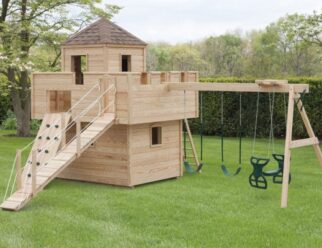 Model 1300 - Dream Fort 8'x10'x12'6" Playset with 128 sq ft. Play Deck, 6'x8' Ground Level Deck, 8'x10'x5' Play Deck, 48" Ceiling Height on First Floor, Hide Out Tower with Asphalt Shingles, Rock Wall, Entry Ladder, 10' Wave Slide, 3-Position Swing Beam, Double Glider, and 2 Belt Swings