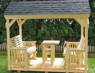 Amish-Built Natural Wood Gazebo Glider Set with A-Frame Roof with Black Asphalt Shingles, Straight Seatbacks, Tabletop