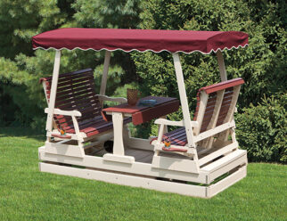 Beige POLYWOOD Amish-Built Keystone Glider With Maroon Canvas Top, Rollback Seats, and Tabletop