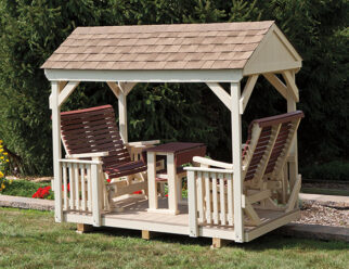 Amish-built Ivory POLYWOOD Gazebo Glider Set with A-Frame Roof with burgundy rollback seats, and table top