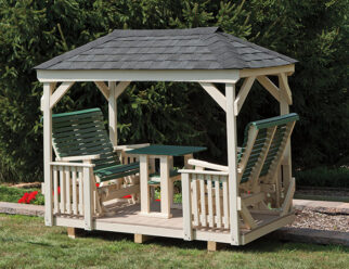 Amish-built ivory POLYWOOD Gazebo Glider Set with Hip Roof with black shingles, green rollback seats & table top